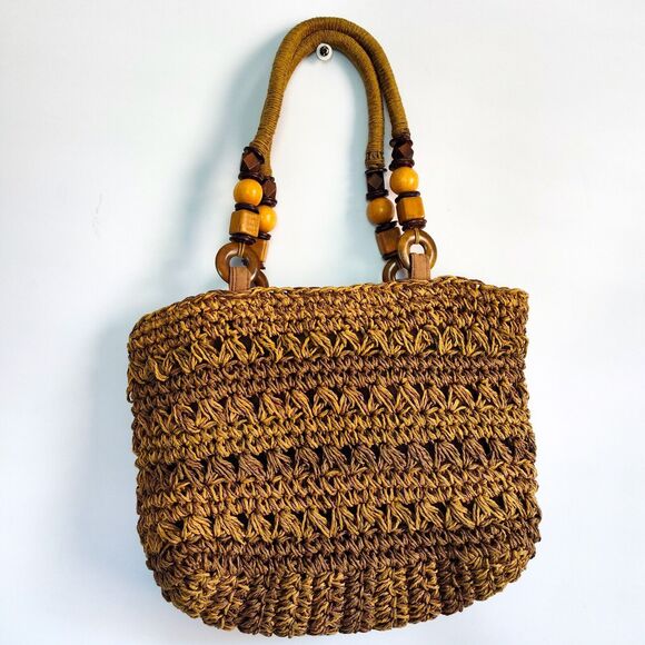 Boho Vintage Toyo Straw Woven Bag Wooden Beads Leather Handles 12"x8" Natural - Picture 4 of 11
